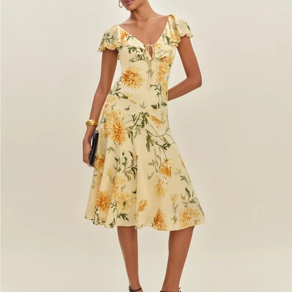 Reformation Gaelle honeyglow Yellow Floral Midi Dress adjustable tie